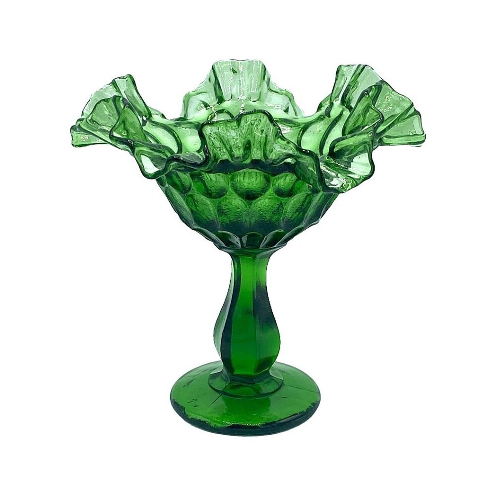 Vintage Fenton Emerald Green Glass Ruffled Thumbprint Compote Manganese (?) Glow
